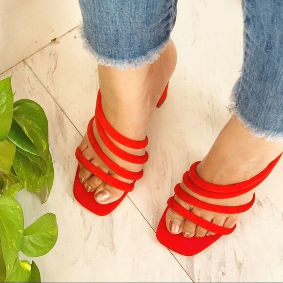 Red Faux Suede Square Toe Mid Block Heel - Picture 3 of 4